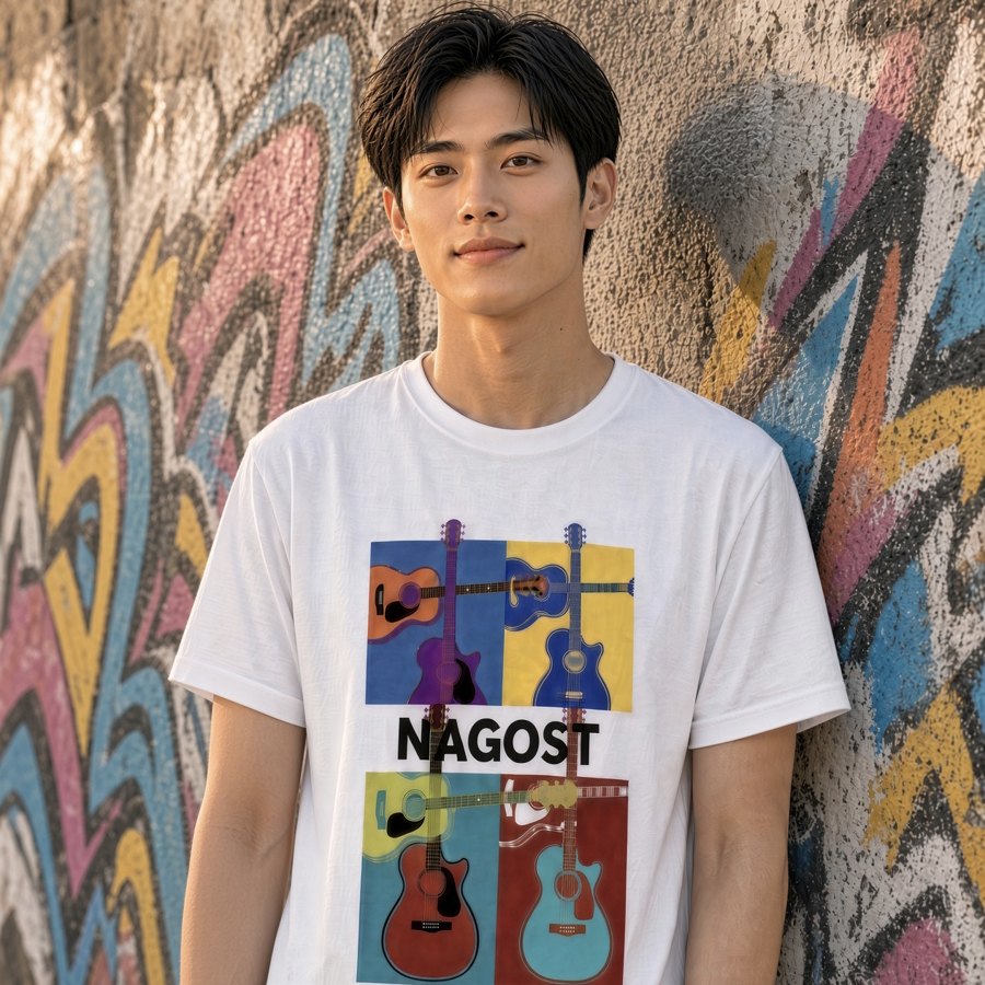なごストTシャツの着用イメージ（グラフィティの壁の前で）